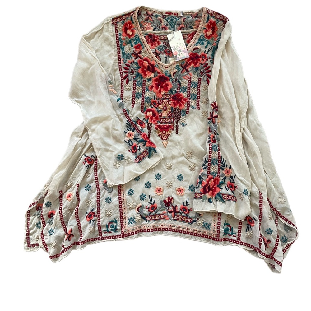 Johnny Was Cream Blouse with Red and Blue Embroidery